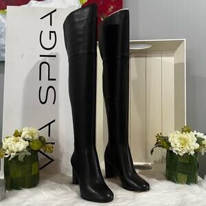NEW Via Spiga Pebbled Leather Over The Knee OTK Chunky Heel Almond Boots 5.5 NIB
